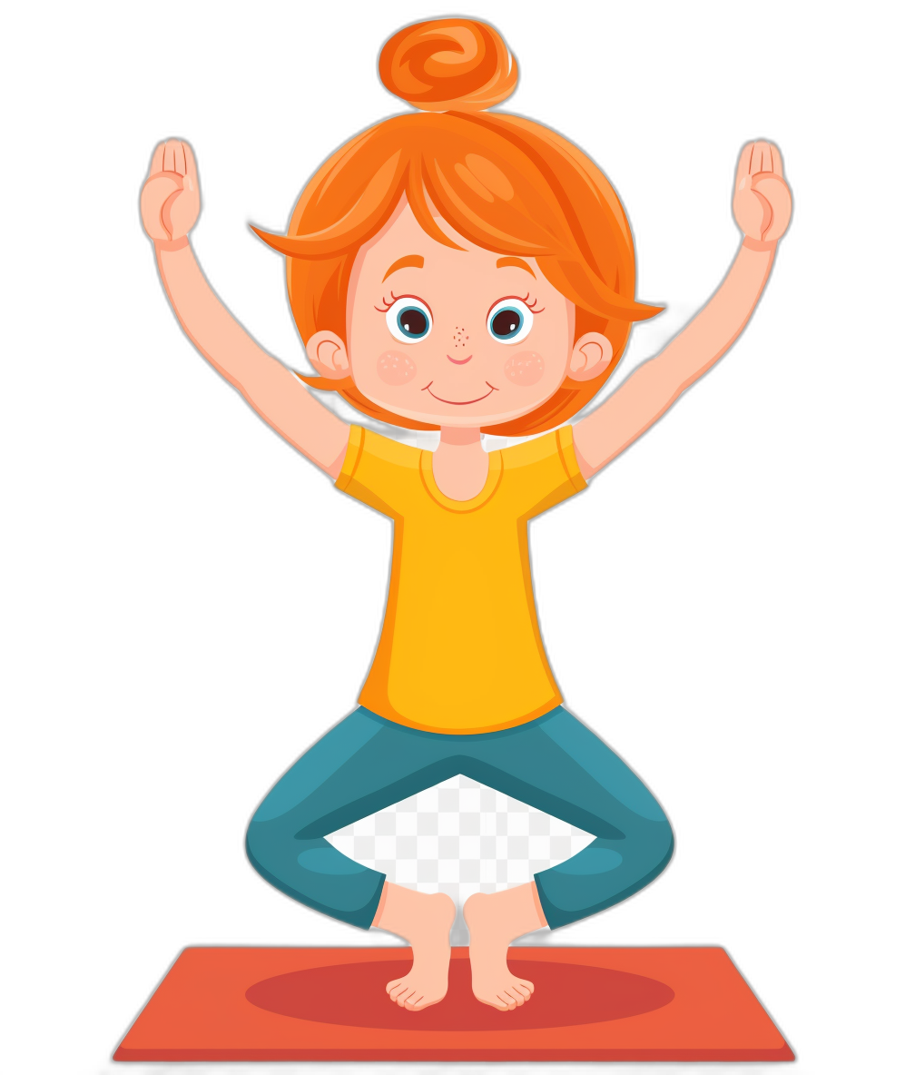 A cute little girl doing yoga in the style of a cartoon, with a flat illustration and colorful . It is a vector graphic on a black background, with simple lines and a white border. She has a yoga mat under her feet, with her hands raised above her head and a happy expression. She has ginger hair color and is a high quality image.