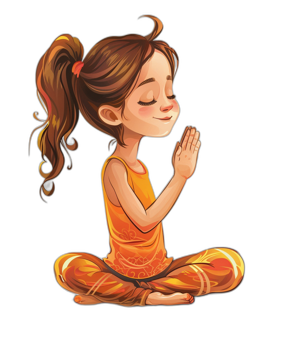 cartoon girl doing yoga, smiling and praying with hands together, wearing an orange dress against a black background, in the style of a clipart.