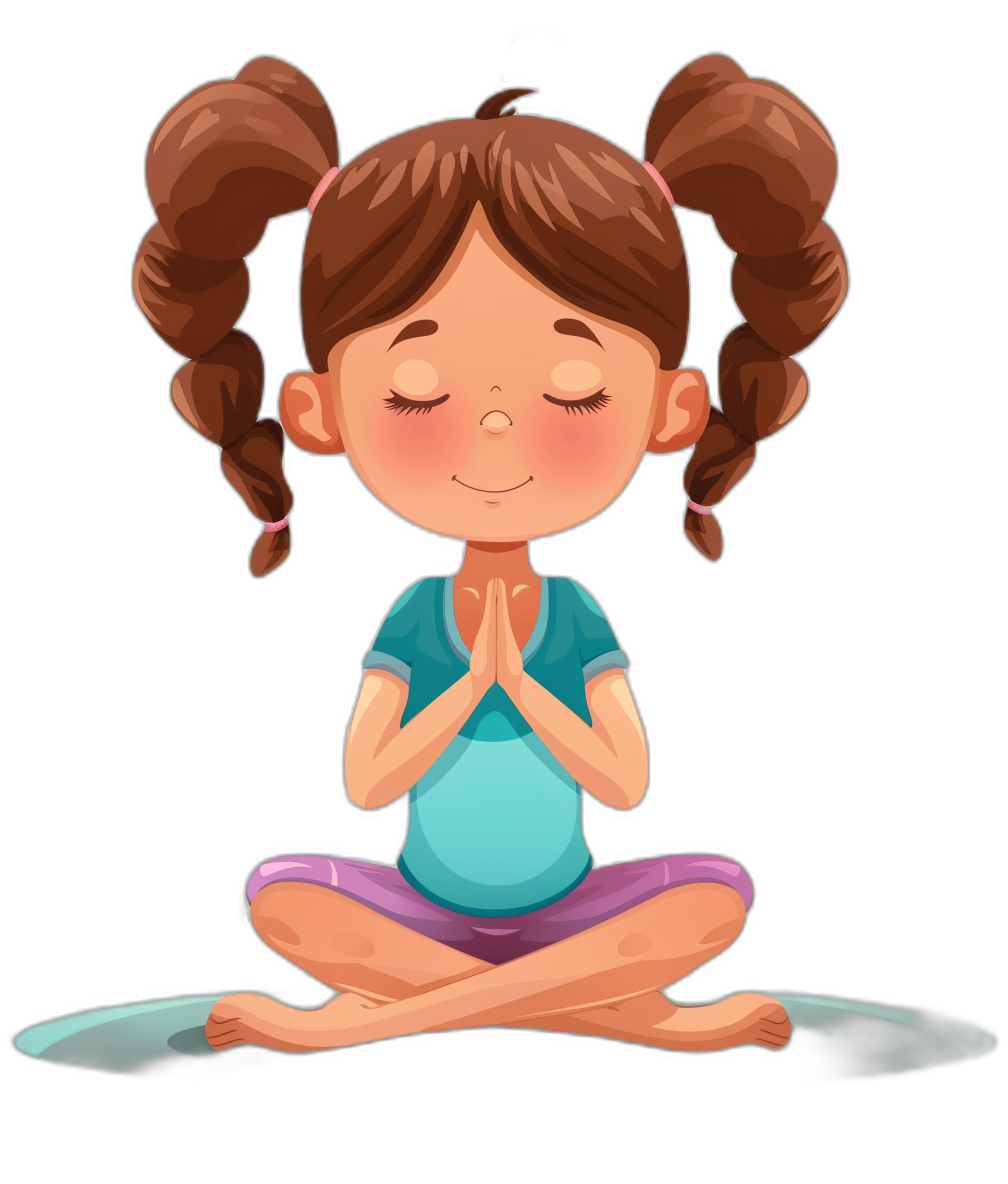 A cute cartoon girl is doing yoga, sitting cross-legged with her hands clasped together and eyes closed in meditation. She has brown hair tied into two pigtails that hang down on the side of each ear. Her face looks peaceful as she meditates against an all-black background. The illustration style should be flat vector, with bright colors to highlight her cheerful expression. In front view, in the style of 2D animation with simple lines and low detail without shadowing. Black background. No text or other elements were added onto this character.