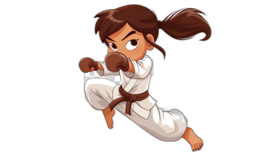 cartoon girl doing a karate kick, brown hair in a ponytail with bangs, white pants and belt, black background, chibi style, 2d game art in the style of chibi