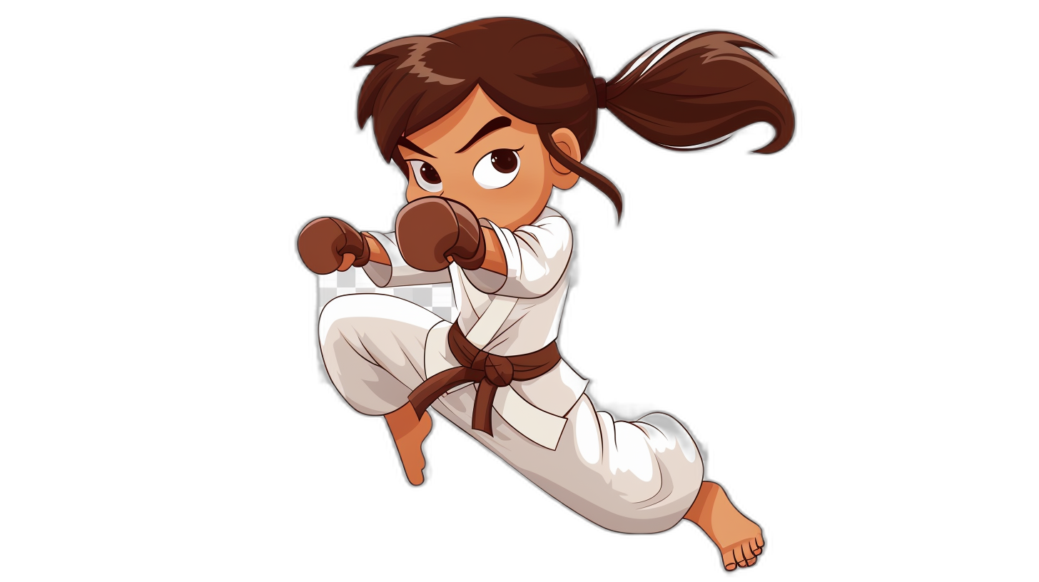 cartoon girl doing a karate kick, brown hair in a ponytail with bangs, white pants and belt, black background, chibi style, 2d game art in the style of chibi