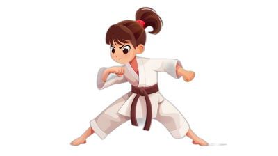 A young girl in a white karate outfit with a dark red belt, brown hair in a ponytail is practicing a forward kick. She has big eyes and an expressive face. A full body cartoon illustration on a black background in the style of chibi. The character should have exaggerated features, including large bright eyes to emphasize the cute appearance of her figure.