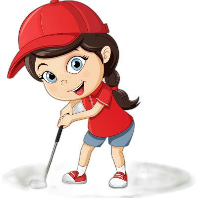 A cute young girl playing golf in the style of cartoon vector illustration with a black background and red cap.