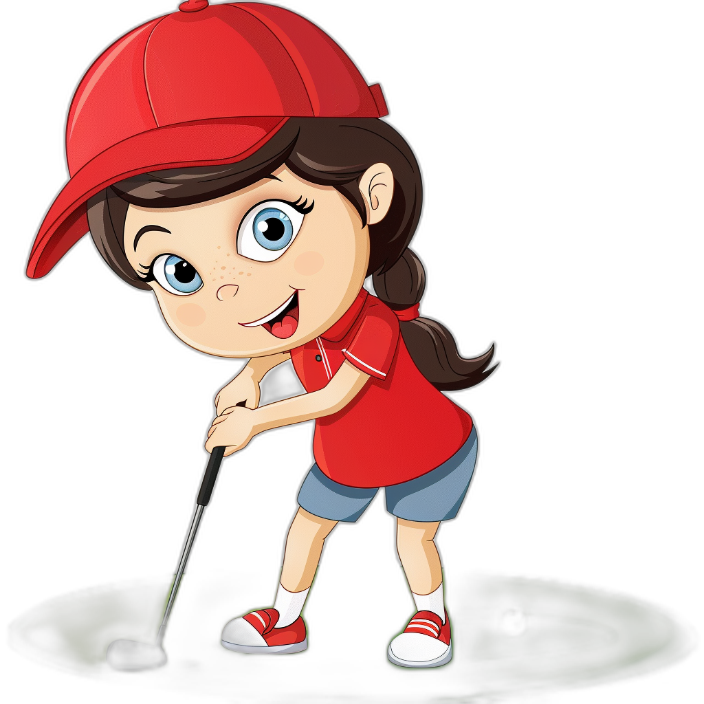 A cute young girl playing golf in the style of cartoon vector illustration with a black background and red cap.