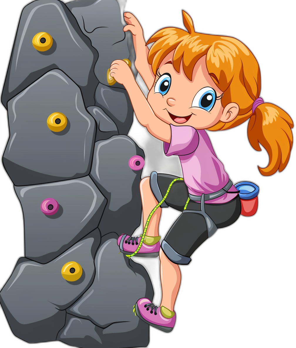 cartoon girl climbing rock wall in the style of vector clipart with black background