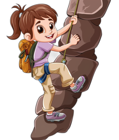 A cartoon girl is climbing on the side of an old rock in a vector illustration for a children's book. It is a full body view with a simple flat style on a black background and no shadow details. The girl has a cute face and is wearing hiking  and shoes. She has white skin, brown hair in a ponytail hairstyle, and a short sleeve purple t-shirt. A backpack is hanging from her shoulder. Her hand is holding a rope to use for balance as she hangs in a happy expression.