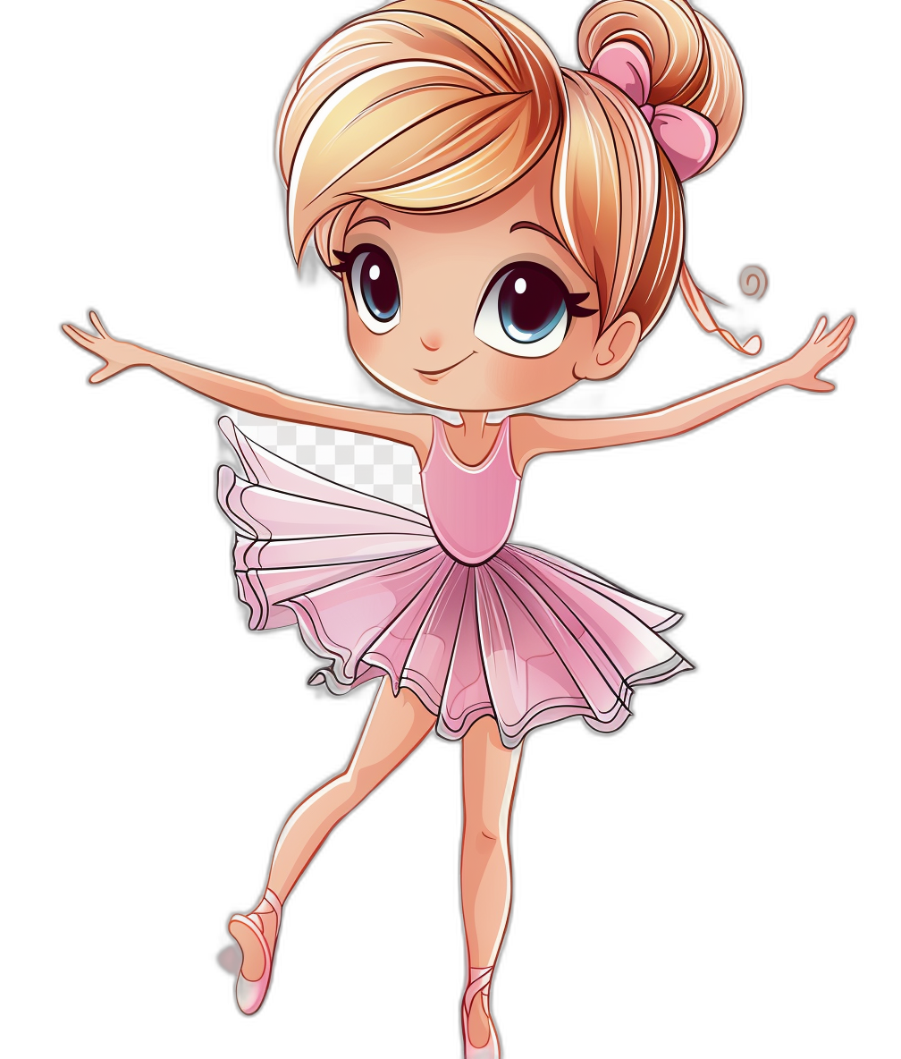 Cartoon chibi style, cute ballerina in pink dress with blonde hair and big eyes doing ballet pose on black background