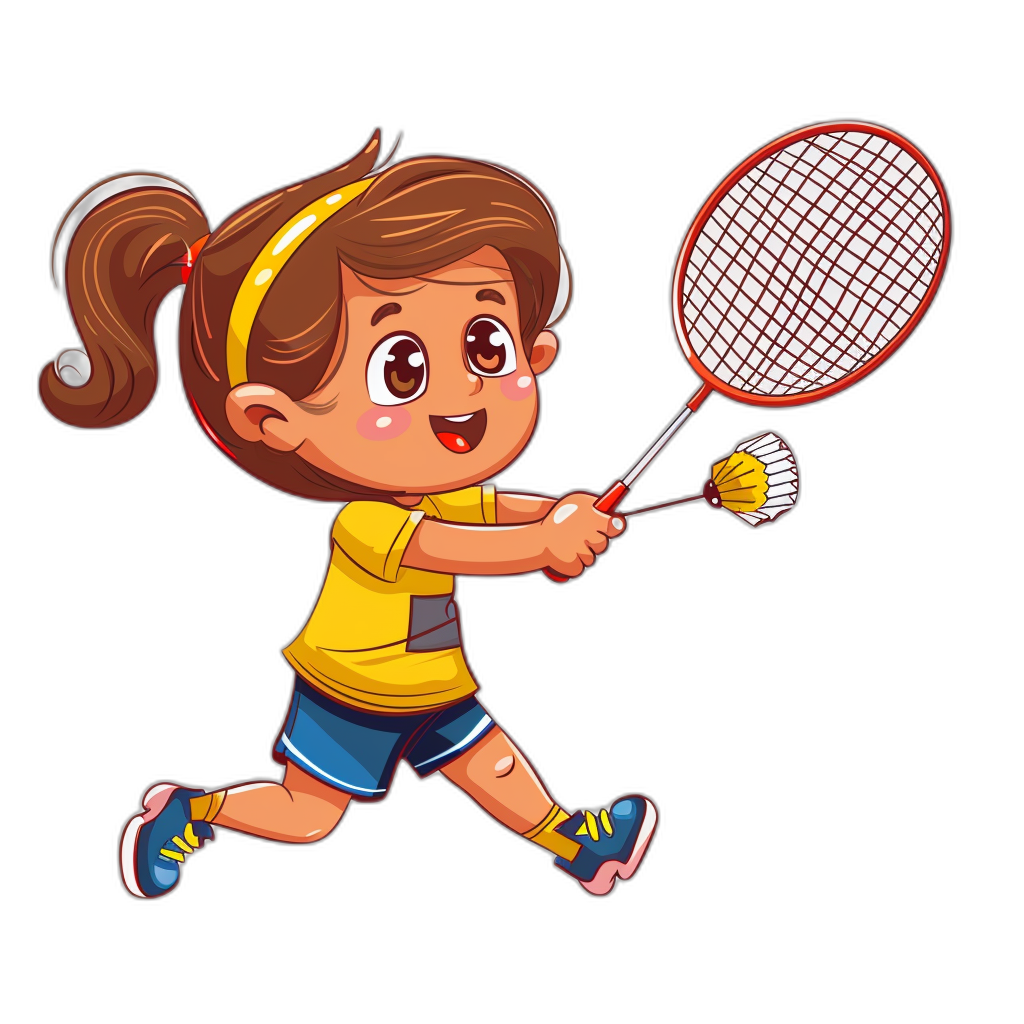 A cute little girl playing badminton in the style of clip art with a black background.