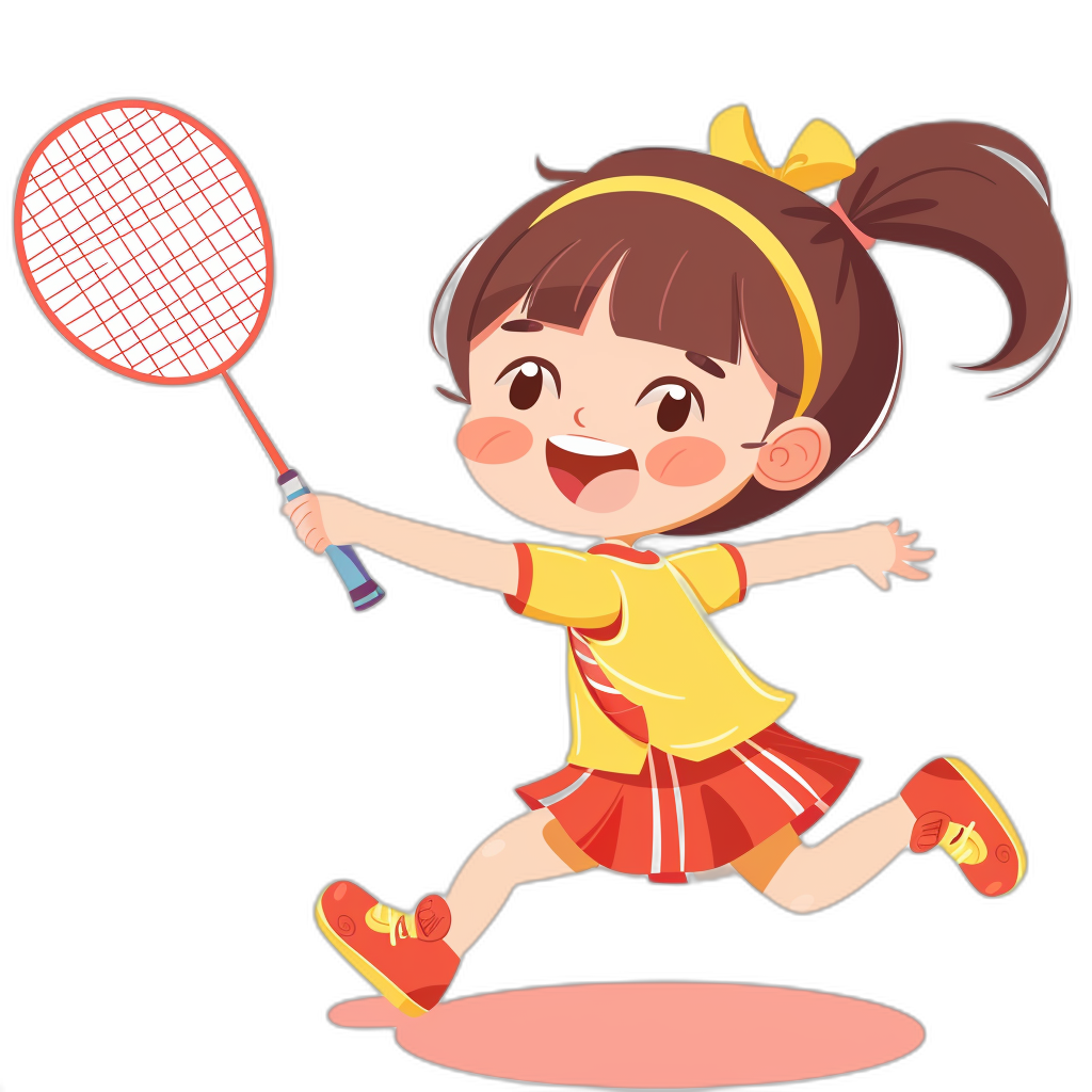 A cute little girl playing badminton in the style of a cartoon, with a flat illustration on a black background using simple lines and shapes with a yellow and red color scheme at high saturation. It is a full body portrait of the smiling girl in a running posture holding a racket in her hand while wearing a sports uniform with vibrant colors. The illustration has high resolution, detail, quality, and contrast.