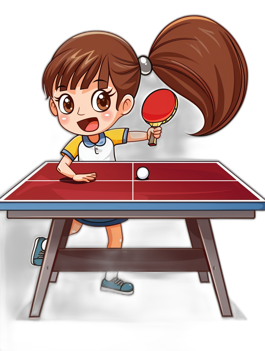 A cute girl playing table tennis in the style of a cartoon, vector illustration with black background and white border for a t-shirt design. She has brown hair in pigtails holding a red racket about to hit the ball on an old wooden dining room table. Her eyes have big round amber colored pupils. The image is centered with sharp edges around it. It is in high resolution and has no shading or shadows. No text.