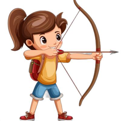 A cartoon girl with brown hair in pigtails, wearing shorts and a yellow shirt is shooting an arrow at the target. Vector illustration on a black background. Full body portrait of a little female archer practicing bow shooting. Cartoon character design in the style of a flat style. Cartoon vector illustration clip art sticker logo print template on a black background.