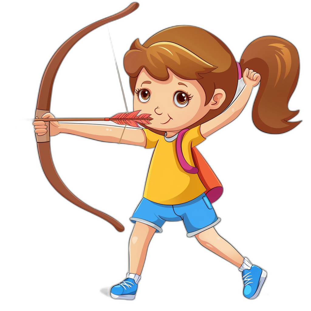 A cartoon girl is shooting with an arrow in a simple style as a vector illustration. She is wearing colorful  including a blue shoes, yellow shirt and shorts with brown hair in a ponytail and a bow on her back. She is aiming at a target with a vibrant expression against a black background. The image is presented as a high resolution file.