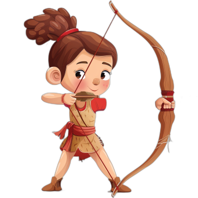 Cute cartoon illustration of an archer girl with brown hair in pigtails, holding a bow and arrow on a black background. The character design is in the style of Pixar. She has a red headband. She is wearing a short leather tunic with a belt. A full body portrait. A cartoon character. A vector art sticker with a thick white outline. A side view vector logo isolated on a black background. A cute and adorable baby girl illustrated in a 2D flat icon style.