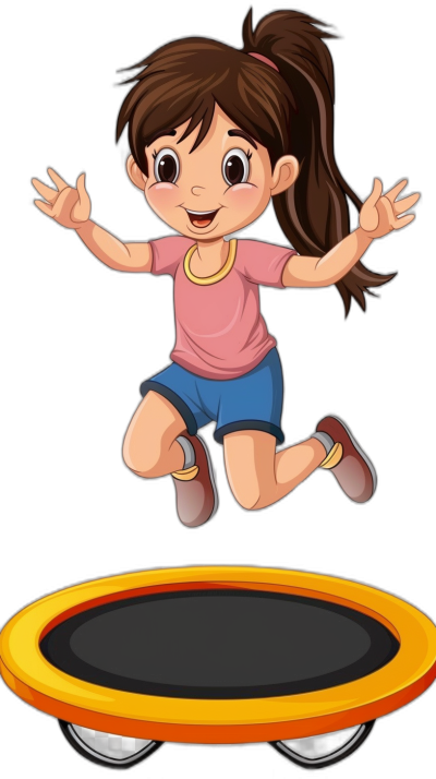 A cartoon girl jumping on a trampoline in the style of clip art on a black background.