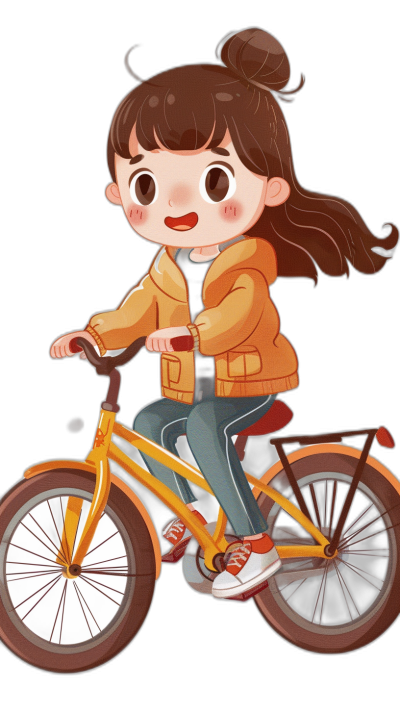 Cute cartoon girl riding a yellow bicycle against a black background in the simple style with simple lines and shapes and simple coloring in the flat design of a chibi character in the 2D animation style with a cute expression on her face, wearing a brown jacket with a red collar, blue jeans and white sneakers, with brown hair in a ponytail bun, smiling in a side view with a full body shot where the yellow frame of the bike is visible and with a dark orange color palette at a high resolution.