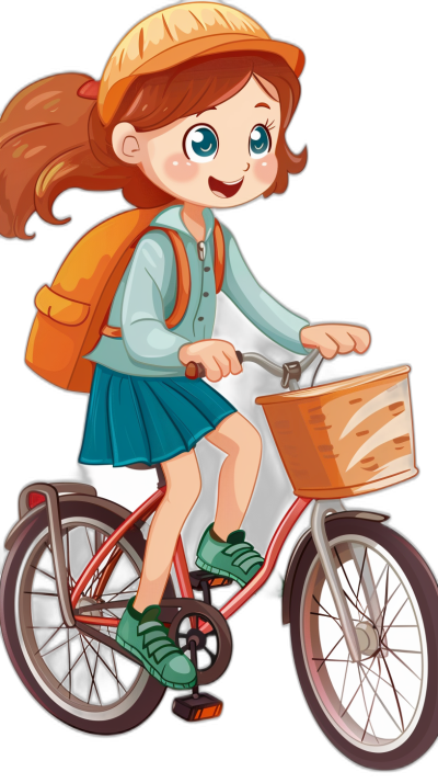 Cute cartoon girl riding a bicycle with a school bag and hat, isolated on a black background, in a simple flat illustration style resembling a full body portrait in a close-up shot. She is colorfully dressed with big blue eyes, red hair, green shoes, and a white skirt and has a happy expression with high definition details.