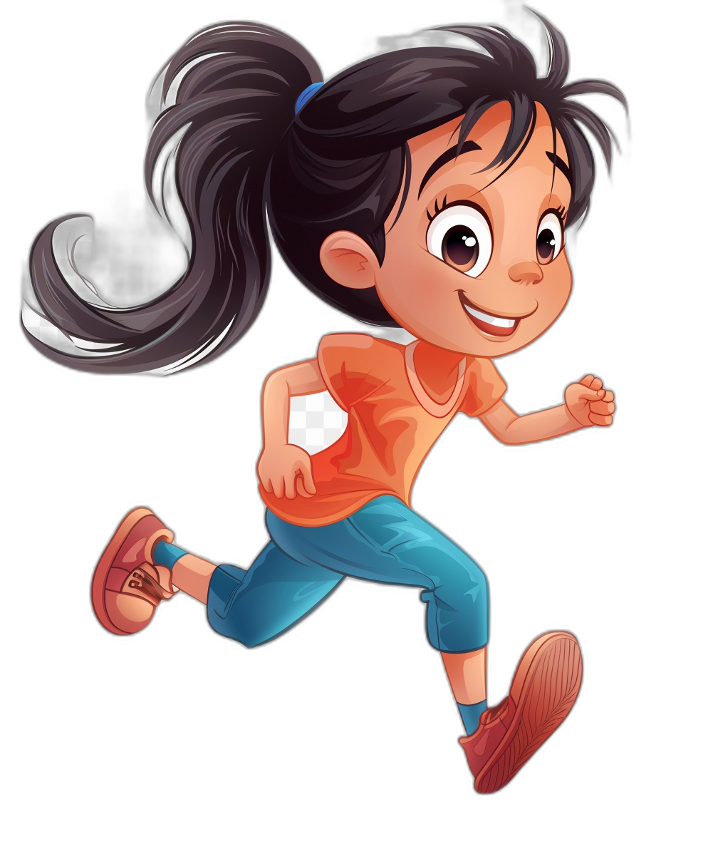 A cute cartoon girl is running, wearing blue pants and an orange shirt with white accents on the chest. She has black hair in pigtails and she is smiling big. The background of her face should be dark gray to create contrast against her vibrant colors. This character will appear as part of your animation series for children ages four through six in the style of your chosen artist.