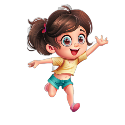 Cute cartoon girl jumping with a black background, in the style of Disney style cartoon character design, high resolution, in the style of Pixar style, simple and clean black background, bright colors, cute expression, friendly eyes, happy smile. The little woman is wearing short sleeves and shorts, blue jeans, pink shoes, big brown hair in two ponytails. She has long eyelashes and wears large round glasses.