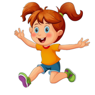 A cute cartoon girl jumping with her hands up, in a simple flat style illustration on a black background, showing her full body, with a happy face expression, wearing colorful  with short sleeves and shorts, with orange hair in pigtails and green shoes, in the style of a children's book illustration, with high resolution, high quality and high detail, wearing colorful  and with a cartoon character design in high definition.