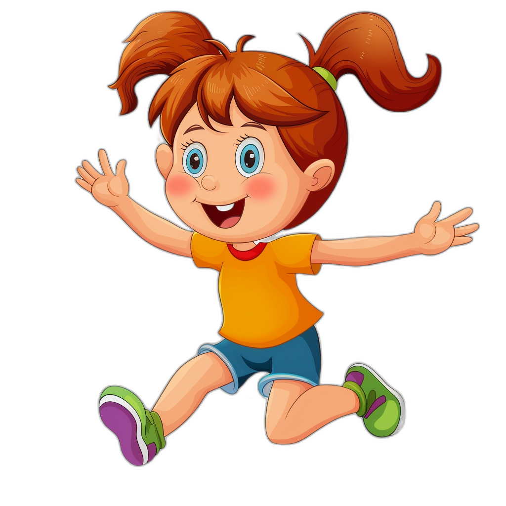 A cute cartoon girl jumping with her hands up, in a simple flat style illustration on a black background, showing her full body, with a happy face expression, wearing colorful  with short sleeves and shorts, with orange hair in pigtails and green shoes, in the style of a children’s book illustration, with high resolution, high quality and high detail, wearing colorful  and with a cartoon character design in high definition.