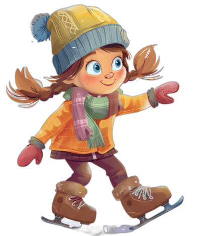 Cute girl ice skating in the style of cartoon, for a children's book on a black background, wearing winter  and hat, flat illustration, 2D illustration, high resolution, no text in the picture, high detail, high quality, high definition, sharp focus, full body shot.