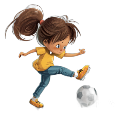 A cute cartoon girl kicking a soccer ball, wearing a yellow t-shirt and blue jeans, with brown hair in pigtails, against a black background, in the style of Pixar.