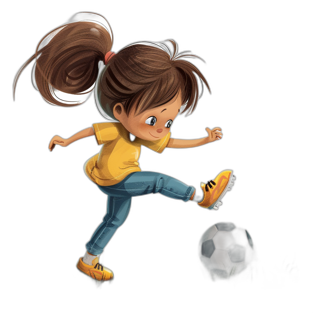 A cute cartoon girl kicking a soccer ball, wearing a yellow t-shirt and blue jeans, with brown hair in pigtails, against a black background, in the style of Pixar.