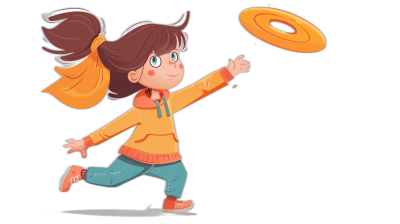 A girl is playing frisbee in an illustration with a cartoon style and a black background. The character has dark brown hair and wears an orange hoodie over her head and blue pants. She throws the frisbee to fly in front of us. A yellow disc flies from above towards me. The entire scene gives off warm colors.