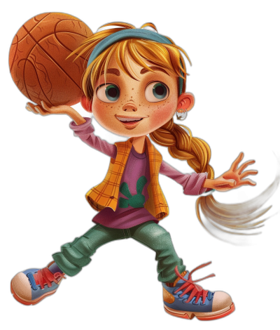 A cute little girl basketball player in the style of Pixar, with a cartoon character design on a black background wearing a colorful sports outfit, playing basketball in the air with her right hand holding an oversized basket ball. She is wearing sneakers on her feet, with blonde hair tied back in two braids and one blue headband. She has on green pants and a purple shirt with pink stripes, with big eyes, a happy expression, and detailed facial features. Her hair has colorful banding and the image uses bright colors in her dynamic pose.