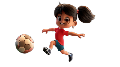 A Pixar style cartoon of an Indian girl playing football, wearing a red t-shirt and blue shorts, kicking the ball on a black background, 3D render, high resolution, in the style of Pixar art illustration.