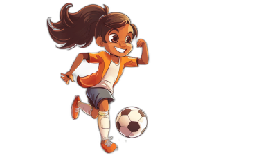 A cartoon-style illustration of an Indian girl playing football, wearing soccer gear and shoes, with one leg in the air kicking at a ball. She has brown skin tone, dark hair, is smiling, dressed as she would for school, set against a black background. The style should be vibrant and colorful, suitable for children's book illustrations or graphic novel art. Include elements like gloves on her hands to show motion and detail in her movement, capturing fun expressions while showing off both legs in the style of graphic novel art.