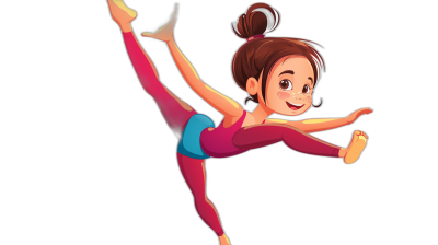 A cartoon girl doing gymnastics on a black background as a full body drawing in a simple style in the style of Disney Pixar animation. She is wearing a red top and blue shorts with pink leggings and has brown hair in a ponytail.