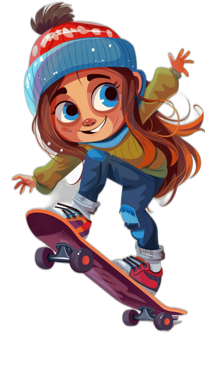 A cute cartoon girl is skateboarding, wearing blue and red knitted hats with big eyes on her head, long brown hair in ponytail style, black background, colorful , wearing jeans and sneakers, in the style of Pixar, in the style of Disney character design, full body portrait, high definition, high resolution, high detail, digital art, cartoon style, 2D game illustration style.