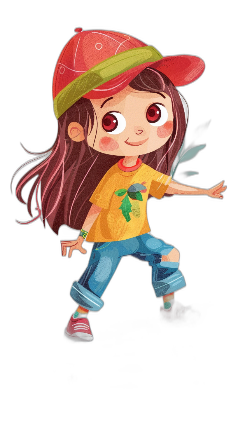 A cute little girl dancing in the style of hip-hop, with long hair and big eyes wearing a baseball cap, red sneakers, blue jeans, and a yellow t-shirt on a black background. The character design is cartoon-like with colorful animation stills in a cartoon scene. Close-up shots with bold colors show her full body.