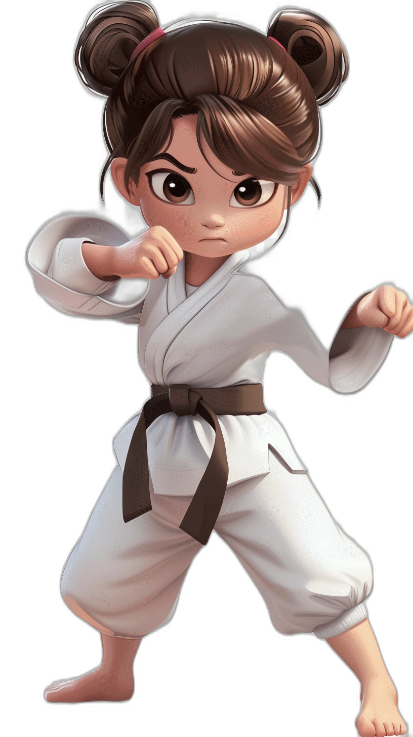 cartoon girl with brown hair in pigtails doing karate, wearing white and black pants, a white shirt, with dark tan skin, as a full body drawing, on a black background, in the style of chibi with big eyes and a big head.