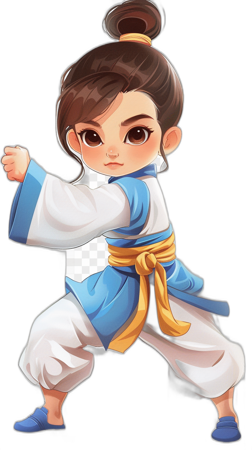 Kung Fu, cartoon style character design with blue and white , brown hair in a bun, yellow belt, doing a martial arts pose, 2D game art, black background, front view, cute, high definition resolution, high details, Chinese-style .