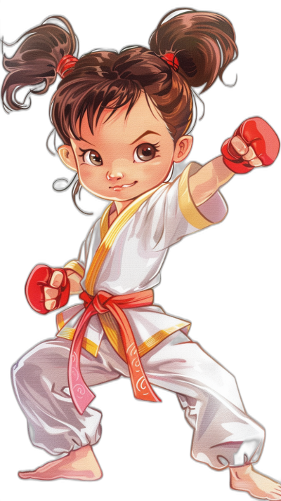 A cute little girl in a karate outfit doing a side kick, with a red belt and white pants with yellow accents, on a black background, in a chibi style, in a cartoon and anime style, digital art in the style of [Artgerm](https://goo.gl/search?artist%20Artgerm) and in the style of [Akihiko Yoshida](https://goo.gl/search?artist%20Akihiko%20Yoshida) and Sina graphic design, 2D game graphics.