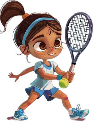 A cute little girl playing tennis in the style of cartoon character illustration, in the style of Disney Pixar animation, on a black background, wearing blue and white sports  with light brown skin tone, hair in pigtails holding the racket by her side and hitting the ball. She has big eyes, a full body shot, and is smiling. The girl wears an athletic headband on top of her forehead, and she's looking at the camera. She also holds two ricker boxes, one in each hand. A full-length portrait of the young athlete.