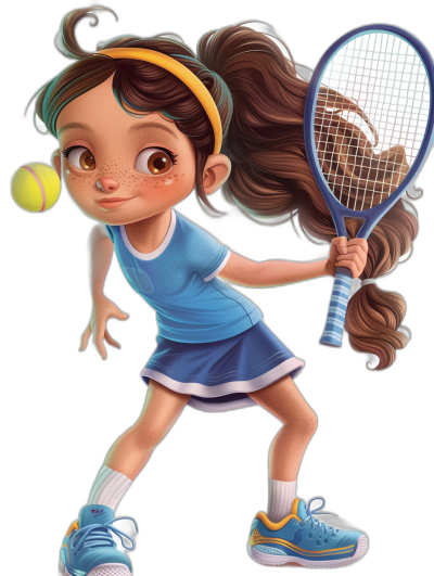 A cute little girl playing tennis, full body portrait, wearing blue and white sports  with a yellow headband, long brown hair in a ponytail style with bangs, big eyes, freckles on her face, holding a racket and ball in her hand, black background, cartoon character illustration, in the style of Disney Pixar, in the style of Disney character design, full-length portrait, high resolution