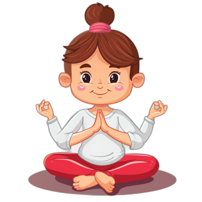 A cute cartoon girl doing yoga, vector illustration with a black background. The little woman is sitting in the lotus position and has folded her hands at chest level, wearing a white long-sleeved shirt and red pants. Her hair was tied back into two buns on top of her head. She smiles slightly while looking directly ahead. Flat design in the style of vector graphics. No shadows. Bright colors.