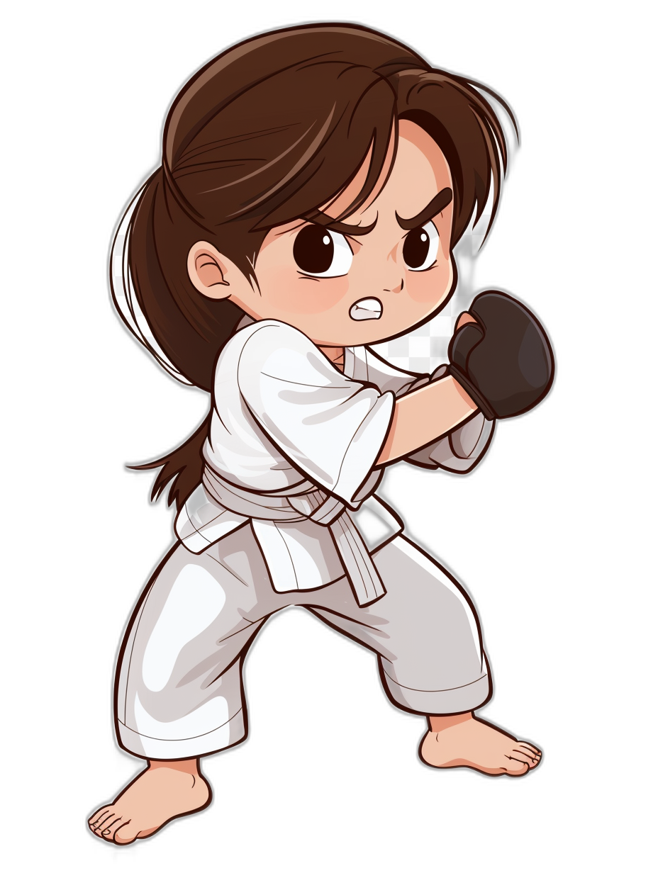 chibi style drawing of an angry karate girl on a black background, wearing a white gi with brown hair and tan skin in the style of an angry karate girl.