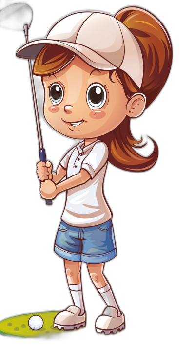 A cute little girl playing golf in a vector illustration with a cartoon style on a black background with white borders. She is wearing a cap hat, short blue shorts, and a t-shirt uniform while holding the club at an angle to hit the ball towards the green on the ground. She has brown hair tied back in a ponytail. Her eyes have big eyelashes. It is a full body portrait depicting the character as part of her sport team's logo. It is a sticker design graphic that could be used for T-shirts or other merchandise with a sports theme. The illustration uses vector graphics.