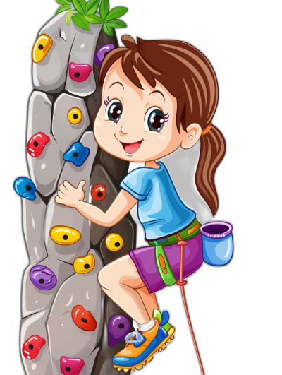 cartoon girl climbing rock wall, colorful, clip art for stickers black background