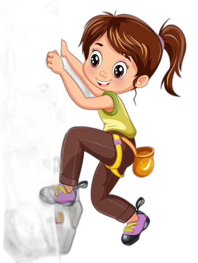 A cartoon girl climbing a rock wall, with brown hair in a ponytail with bangs and wearing a green shirt, purple shoes and yellow pants holding a chalk bucket against a black background.