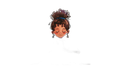 A cute little girl's head in a cartoon style with simple strokes and a black background. She has curly hair in an updo hairstyle, wearing earrings on her ears, smiling at the camera. The overall atmosphere is warm and cozy, with soft lighting illuminating her face from above. A single light source shines directly ahead, creating a strong contrast between dark shadows and bright highlights. In front of it stands a pin that features a detailed illustration of a young woman's portrait in the style of a cartoon with simple strokes.