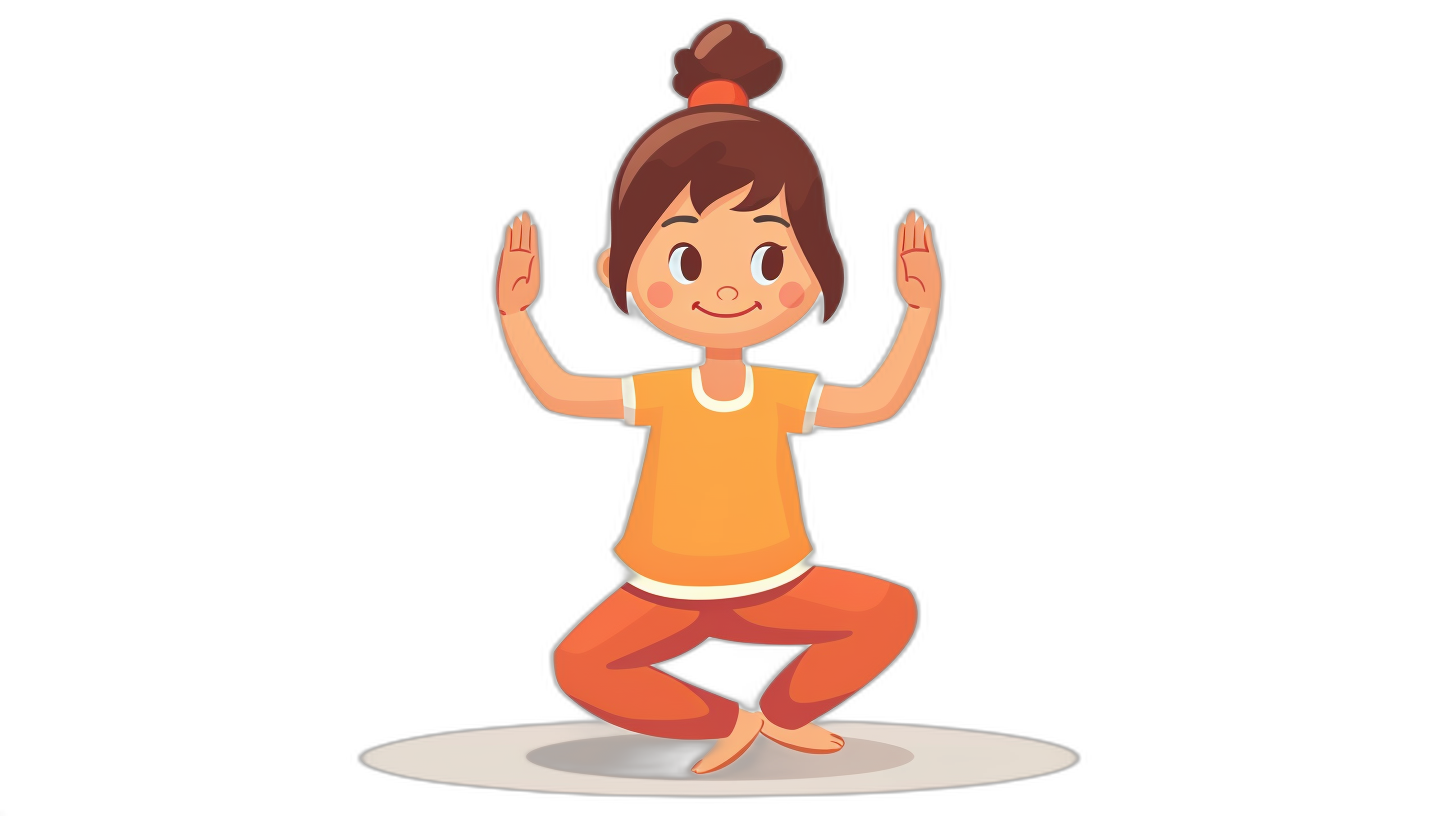 cartoon girl doing yoga, smiling and standing on her knees with one hand in the air and the other down to the ground, wearing an orange t-shirt and red pants, simple flat vector illustration style, black background, white circle light under the head of the character, 2D cartoon style, in the style of Disney animation, high resolution