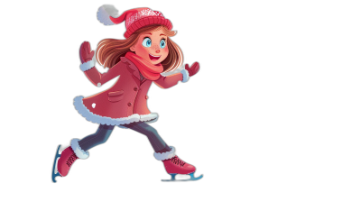 A cartoon girl ice skating in the style of clip art, with a simple drawing and solid black background. It is a full body shot with simple details. The cartoon illustration has high resolution, detail, quality, definition, contrast and dynamic range. It was professionally photographed with professional lighting and color grading.