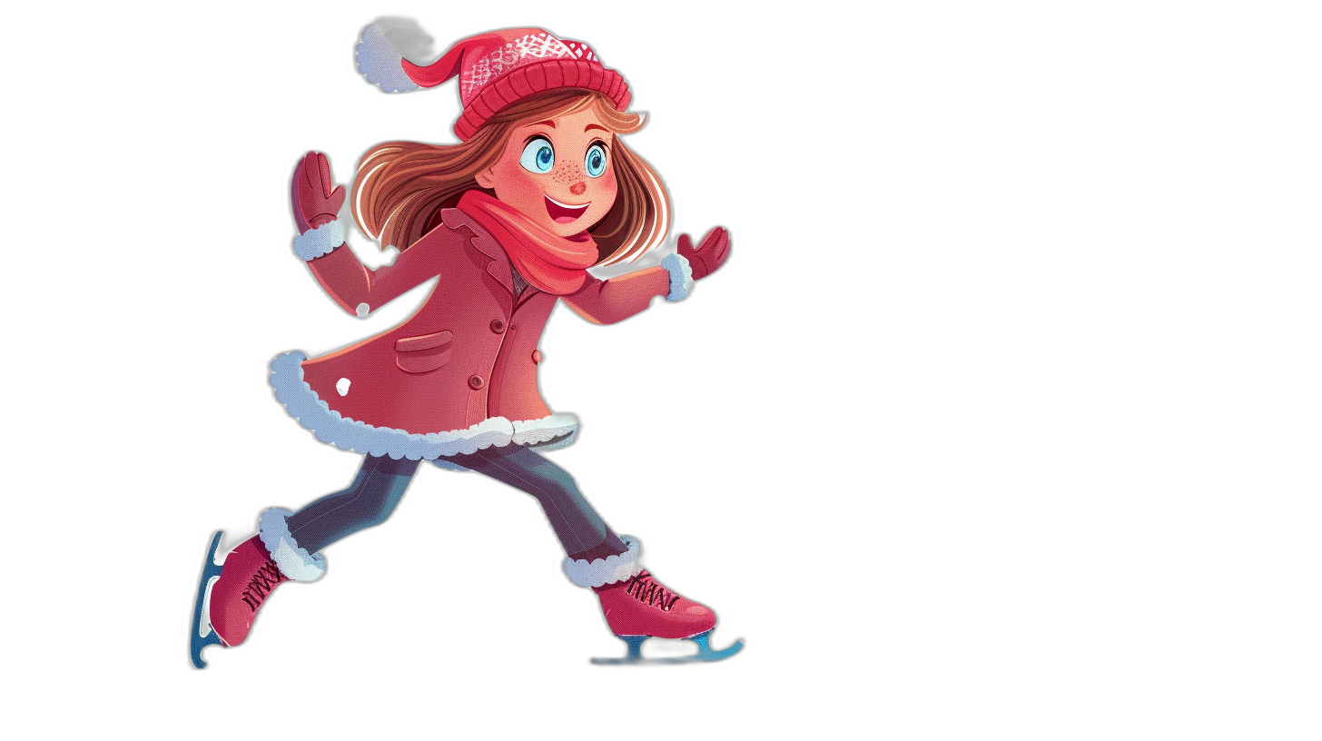 A cartoon girl ice skating in the style of clip art, with a simple drawing and solid black background. It is a full body shot with simple details. The cartoon illustration has high resolution, detail, quality, definition, contrast and dynamic range. It was professionally photographed with professional lighting and color grading.