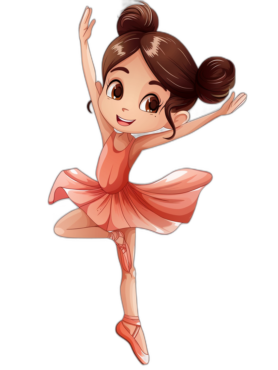 Cartoon ballet dancer girl in chibi style, dancing in a pose on a black background, wearing a pink tutu and pointe shoes, with a cute face with big eyes, brown hair in a bun, with a cheerful expression, in flat colors, as a vector illustration, with a simple design, at a high resolution, of high quality, with high detail, at high definition, with high contrast, with sharp focus, in the style of hyper realistic, in the style of hyper detailed, in the style of hyper photorealistic