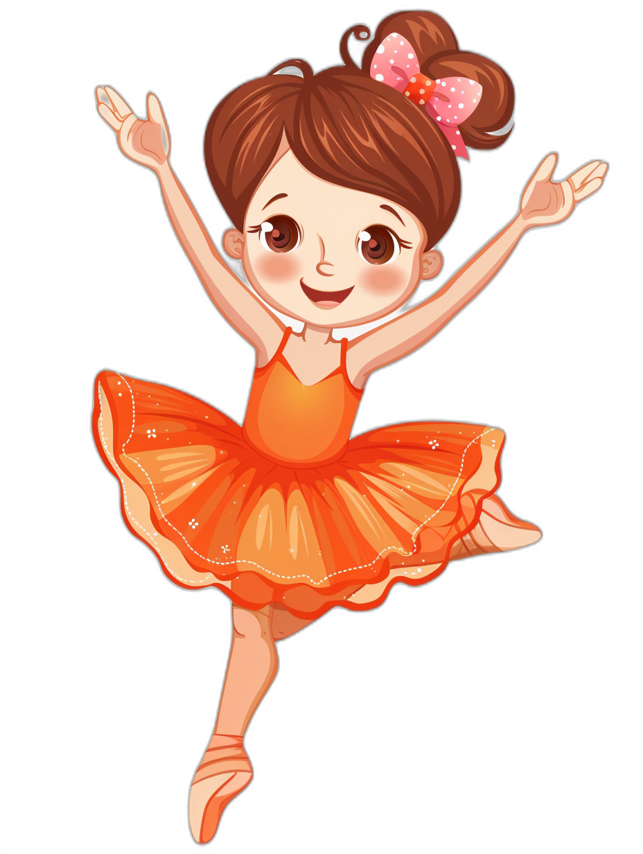 Cute cartoon girl ballerina in an orange dress, vector illustration on a black background in the style of unknown artist.